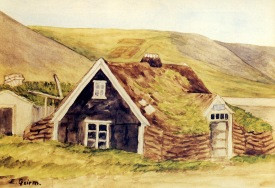 Málverk Elísabetar Geirmundsdóttur af Sibbukofa.  Húsið stóð fram á miðja 20. öld.