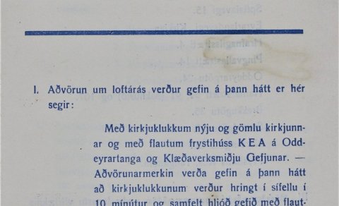 Bæklingur loftvarnarnefndar. Þar var bæjarbúum leiðbeint um hvernig bregðast ætti við ef til loftárá…