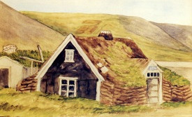 Málverk Elísabetar Geirmundsdóttur af Sibbukofa.  Húsið stóð fram á miðja 20. öld.